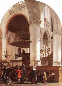 伊曼紐爾 德 韋特 Interior of the Oude Kerk at Delft during a Sermon